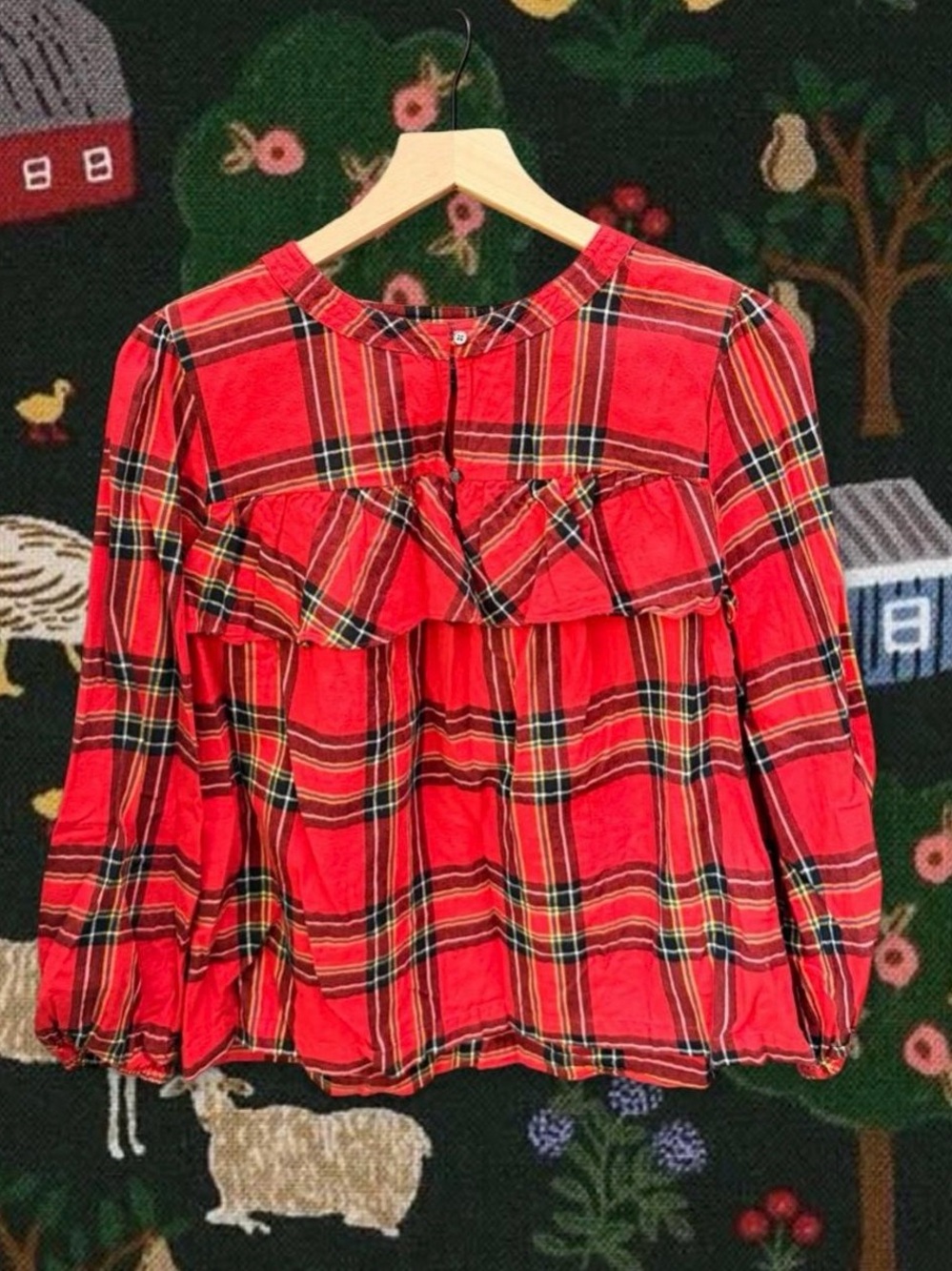 J. Crew Red Plaid Ruffle Yoke Long-Sleeve Top